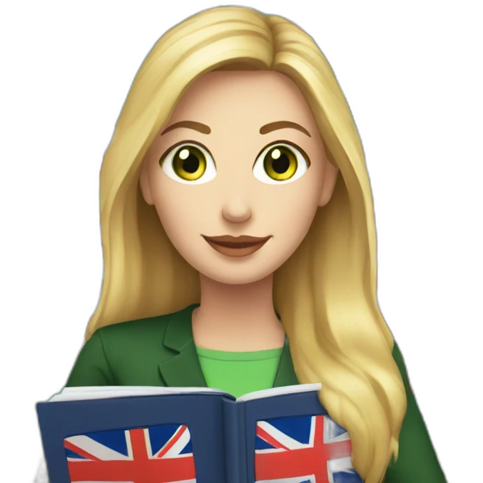 English teacher female with blonde hair and green eyes. with English book with usa flags emoji
