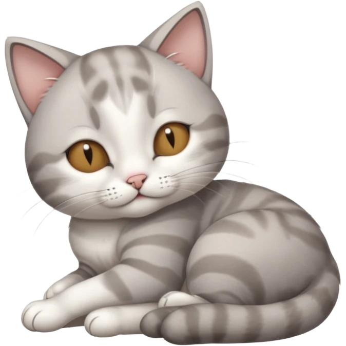 grey and white small cat with its eyes closed lying down with its paw curled and holding up his head emoji