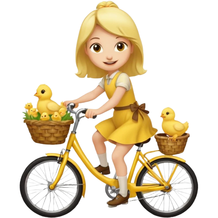 A cartoon girl riding a bicycle with a basket full of baby chicks, 1:1 square ratio. emoji