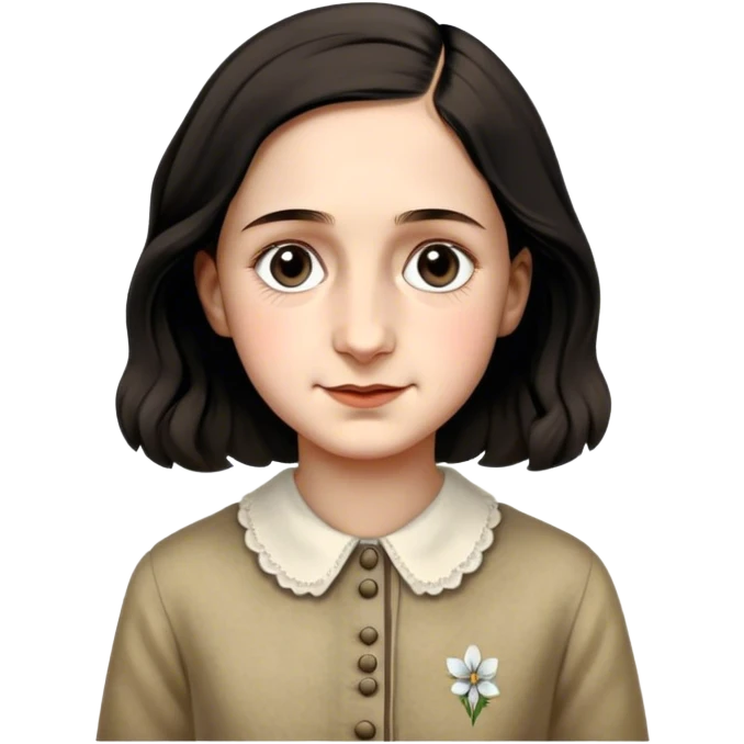 Anne Frank – Cinematic Realistic Portrait of Anne Frank, depicted with a reflective, gentle expression in period clothing, her eyes conveying hope and resilience, rendered with soft, natural lighting and delicate textures that capture the poignancy of her legacy. emoji
