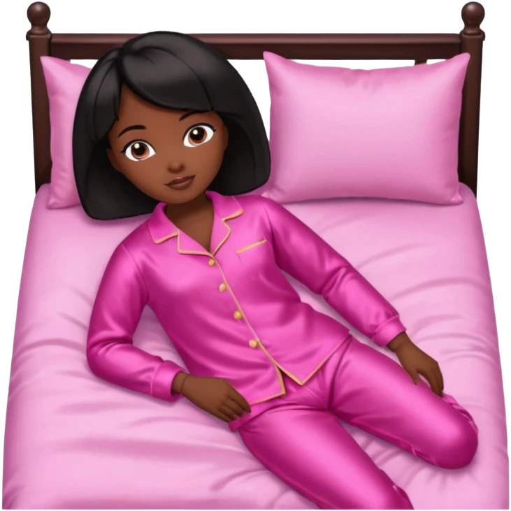 Dark skin Black barbie, short  black bob  hair, pink pajamas in bed sleeping  emoji