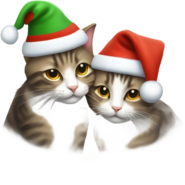 Cat with Christmas hat giving a kiss to another cat with a Christmas hat emoji