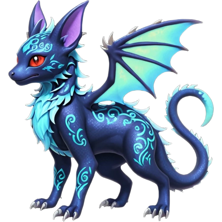 Shiny Fiery Dark Ugly Evil Realistic Glowing Eldritch Horror Cool Edgy Badass Emo Glorious Demonic Batty Dusky Ethereal Sparkly Shimmering Magical Punky Aural Iridescent Fluorescent Bioluminescent Litten-Amaura-Salandit-Noibat-Flareon-Fakémon-fusion (full body) with intricate pattern markings emoji
