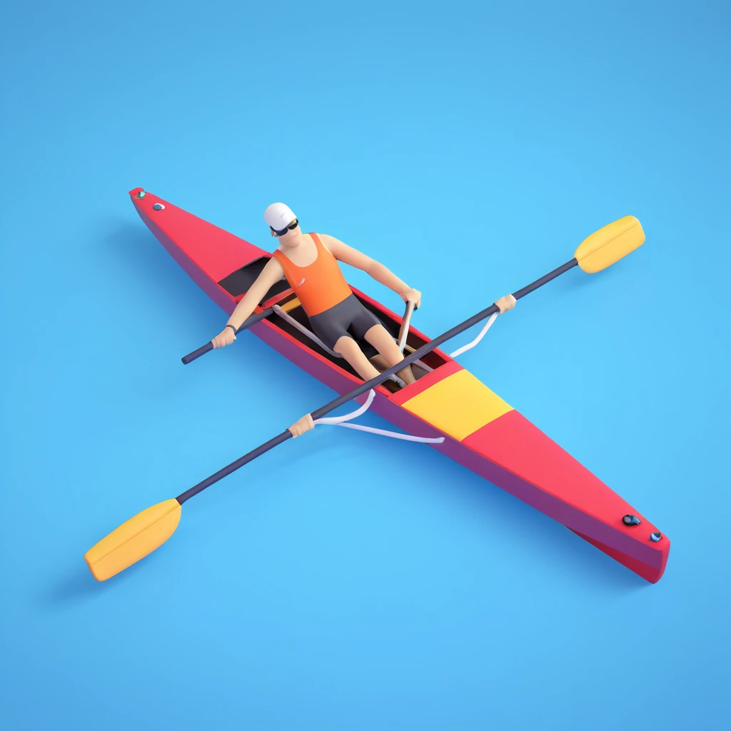 top-down view of a professional racing single Olympic rowing boat with a rower, minimal sea effect underneath emoji