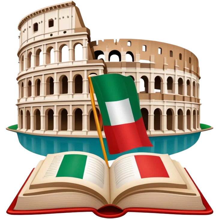 An icon featuring the Colosseum and the flag of Italy, symbolizing the Italian language. The design includes an open book with Italian phrases and a gondola, representing language learning and cultural exploration. Transparent background emoji