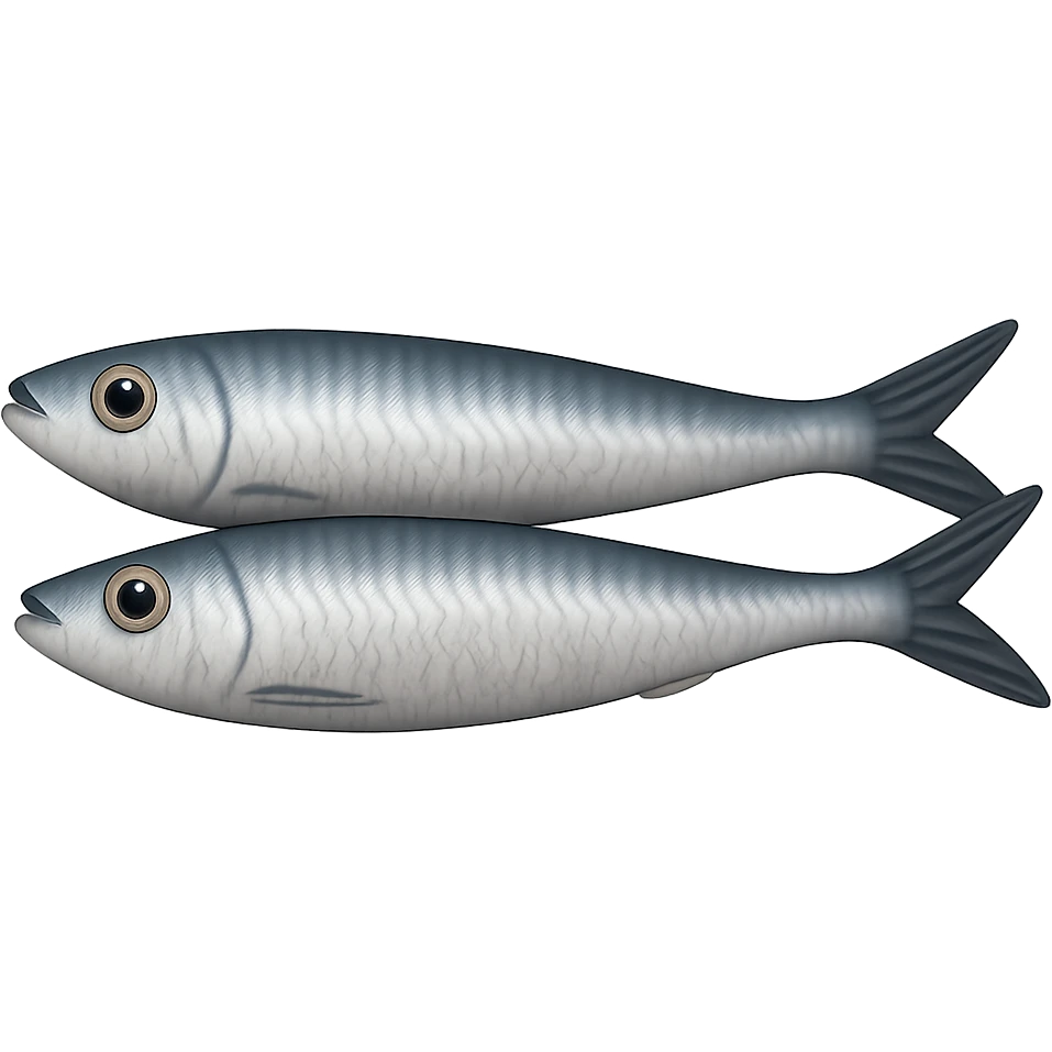 Remove any face or anthropomorphic features. Show only two small whole sardines side by side, silvery skin with blue-gray tones, fine scale texture, slim elongated bodies, pointed heads, slightly curved tails. No can, garnish, or background—just the fish. Render in Apple emoji style with transparent background and emoji scale. emoji