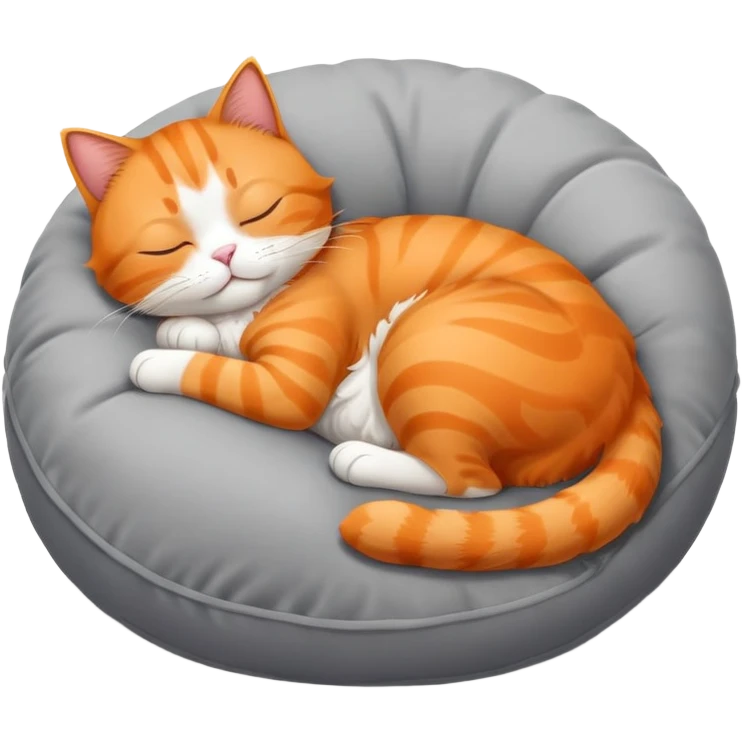 Orange cat with white belly laying down on gray pillow sleeping curled into a ball emoji