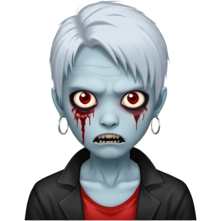 Create a 3D emoji-style avatar with very pale blue-grey zombie skin like the reference image, a young Asian face, and large eyes with blood tears. Give it white mullet-style hair, silver hoop earrings, and a plain black T-shirt. The face expression should be slightly angry, with vampire fang emoji