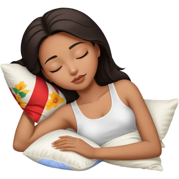 beauty african american woman, shoulder length dark hair,  sleeping laying on her side with a white silk pillow, she is wearing a white tank top emoji