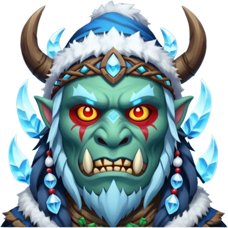 Fantasy Christmas orc shaman icon, ice spirit magic theme, glowing runes, winter tribal mask elements, mystical cold atmosphere, emoji sized portrait, male/female variant emoji