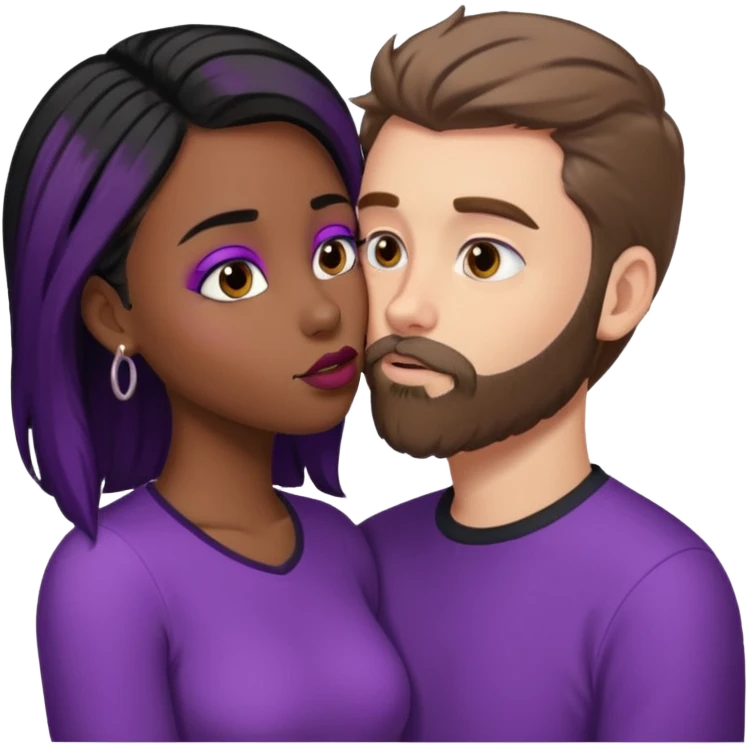 White guy with brown hair and beard kissing black girl with black and purple hair. Make them the same height emoji