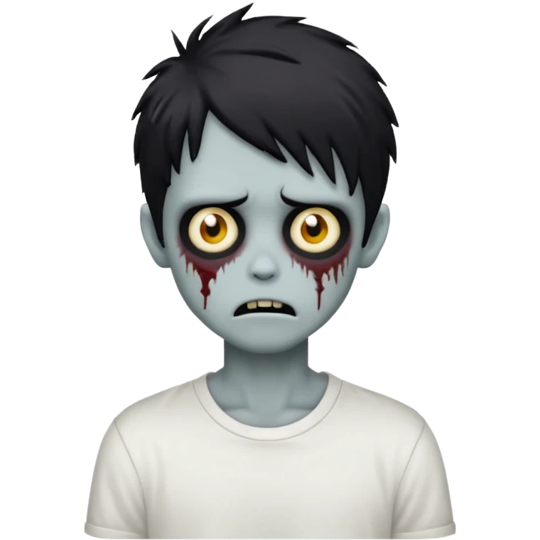 spooky zombie boy, black shaggy emo hair, creepy expression, white shirt, emoji style emoji