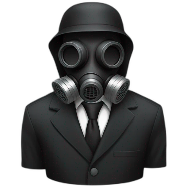 Poker face man, black hair and black gas mask on and black pant suit emoji