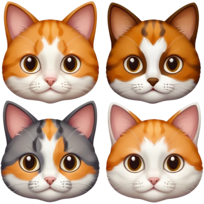 3 different coloured small cats including a dark brown tabby and white, and a patchy calico, and a ginger and white emoji