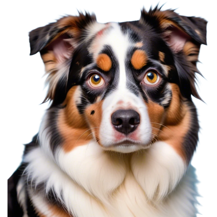 Cinematic Grumpy Calico Australian Shepherd Portrait Emoji, Head tilted slightly with a deeply unimpressed expression, thick predominantly white fur with distinct black, tan, and red merle calico patches, large, droopy blue eyes narrowed into an unamused glare, ears slightly drooping in exasperation, Simplified yet comically expressive features, highly detailed, glowing with a dry, sarcastic glow, high shine, effortlessly judgmental yet dignified, stylized with a touch of cynicism, bright but brooding, soft glowing outline, capturing the essence of an eternally unimpressed yet endearing pup, so lifelike it feels like it could sigh heavily at you in disdain at any moment! emoji
