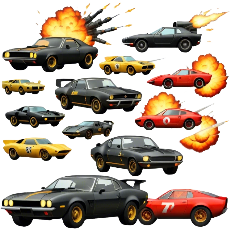Photorealistic Icon for Action Movies: Dynamic close-up collage of iconic action movie scenes featuring explosions, fast cars, combat, and weapons. Include silhouettes of famous action heroes, dramatic lighting, and a sense of high-octane energy. Transparent background. emoji