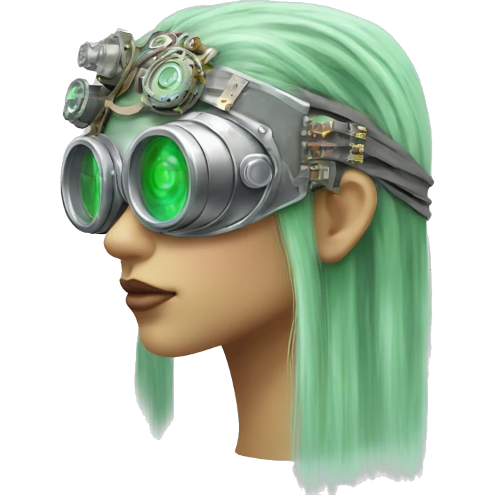 Light green long hair female cyborg head with silver steampunk goggles as a headband, circuits emoji