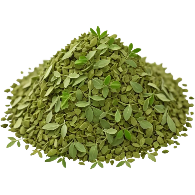pile of dried oregano, soft green and olive, crumbly and irregular, finely broken leaves, dry matte look, 3D clean style, no faces or extra elements, transparent background emoji