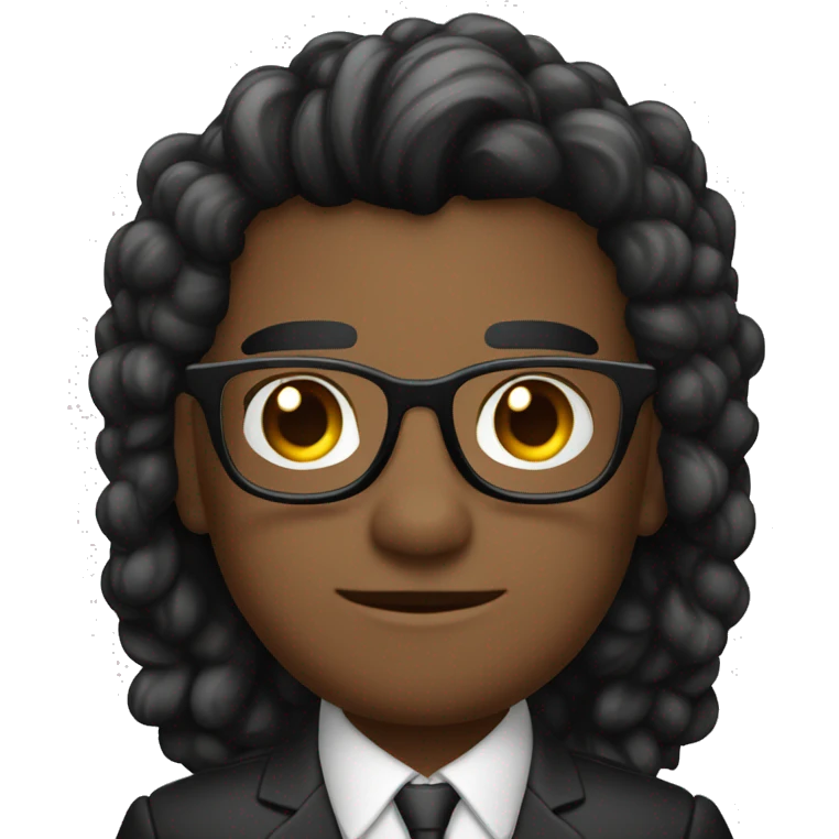 Hombre joven maestro de cabello negro risado con lentes y traje emoji