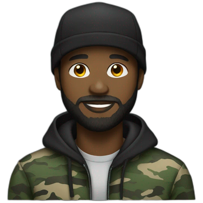 black man with a beard,camo hat, black hoodie emoji