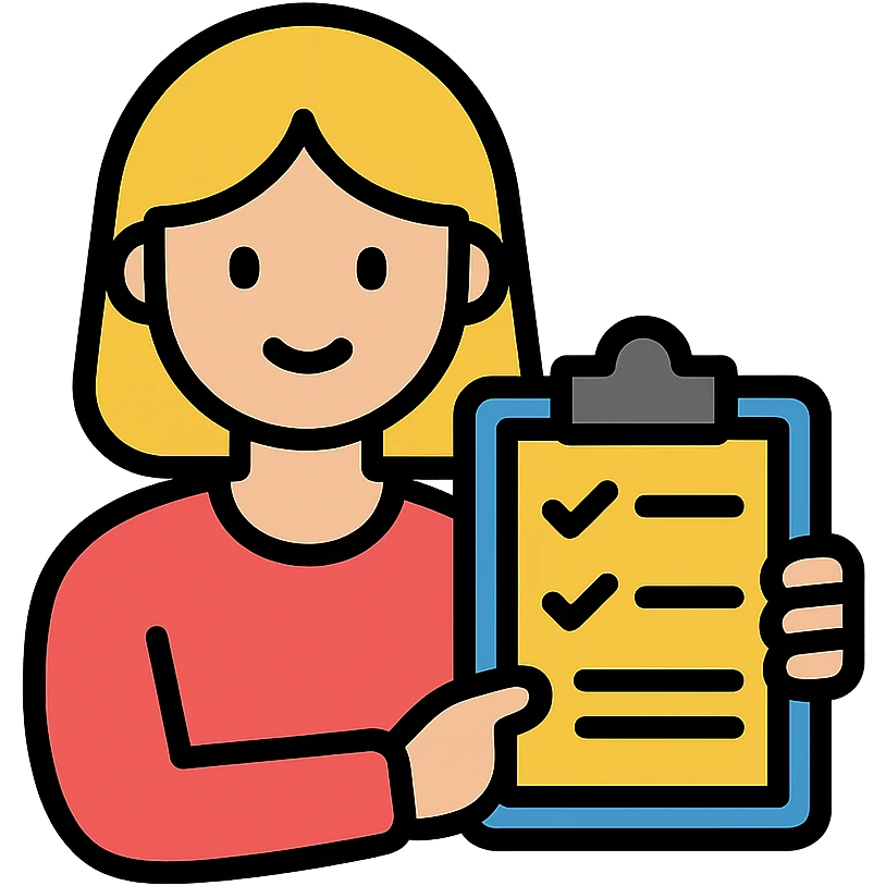 female character holding a clipboard, color outline icon style emoji