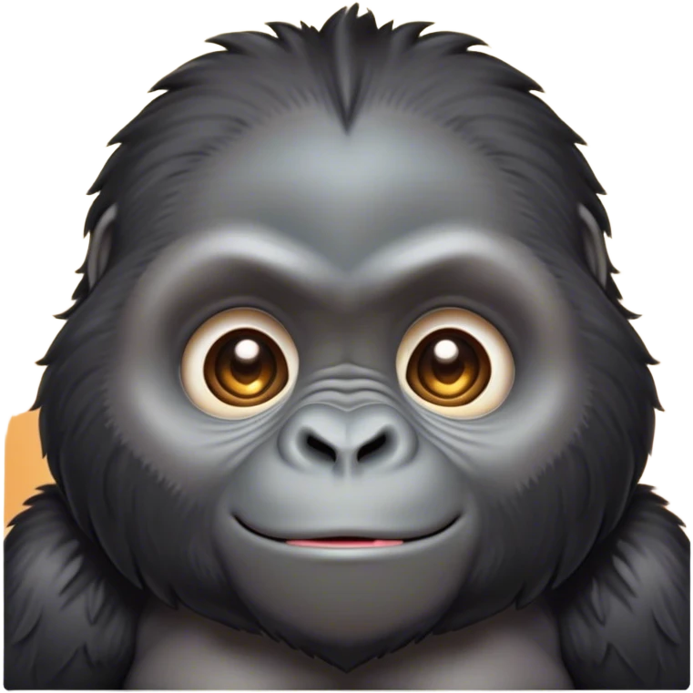 Cinematic Cute Gorilla Portrait Emoji, Head tilted playfully and inquisitively, with a robust, endearingly soft face accented by tender fur and round, sparkling eyes full of warmth, Simplified yet irresistibly adorable features, highly detailed, glowing with a warm, friendly jungle glow, high shine, affectionate and lively, stylized with a touch of whimsical charm, soft glowing outline, capturing the essence of a mischievous yet loving gorilla that feels like it could lumber out of the screen into your arms! emoji