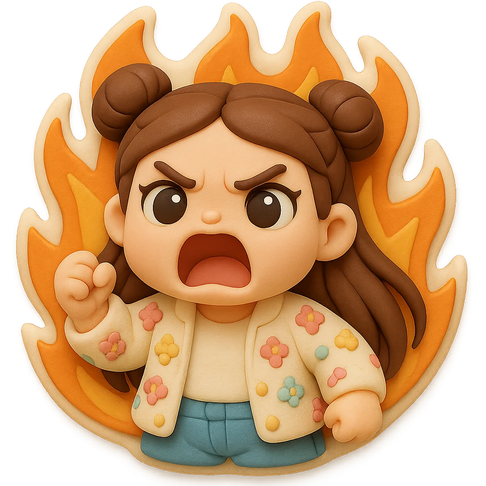 3D chibi fondant cake art style, high-quality rendering with smooth shadows and soft gradients. Girl based on reference image (preserve facial features), long brown hair in two space buns, brown eyes, jeans, pastel floral cardigan, thick white outline like a sticker, transparent background. Screaming angrily while surrounded by flames. Make sure her appearance matches previous stickers. emoji