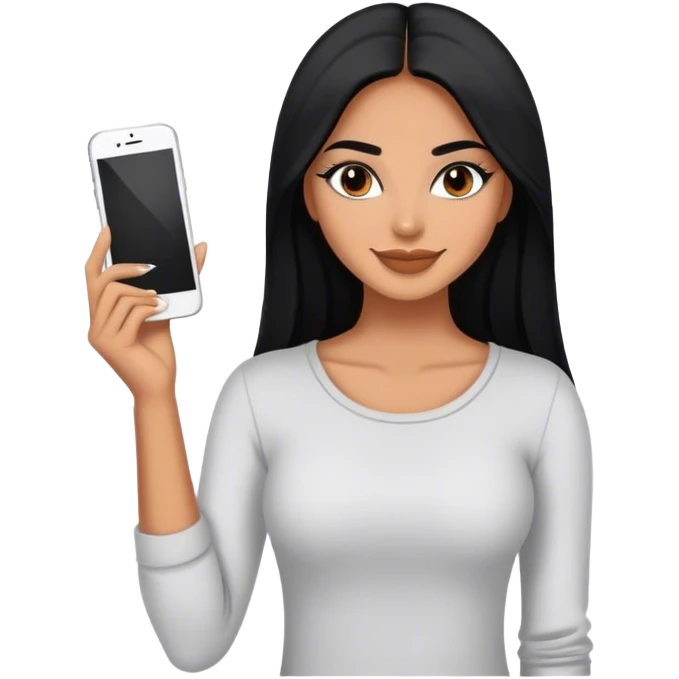 beautiful fit woman, with long straight black hair, with make up, black eye liner, smile mooth close, mexican, brown skin, wearing casual outfit, flirting emoji