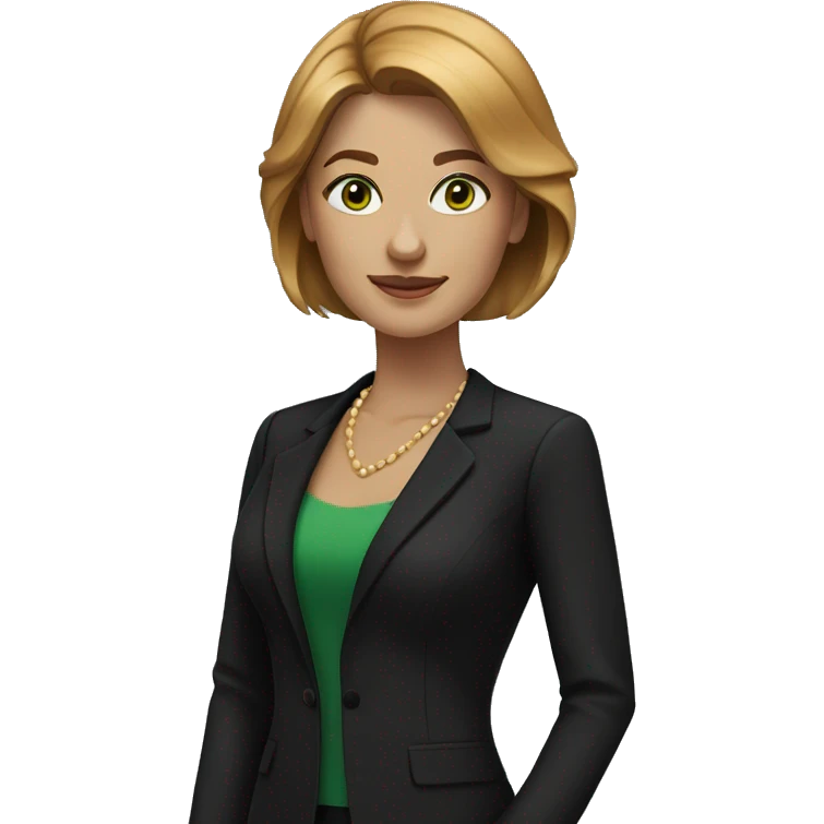 executive woman, straight golden brown hair, green eyes, black dress emoji