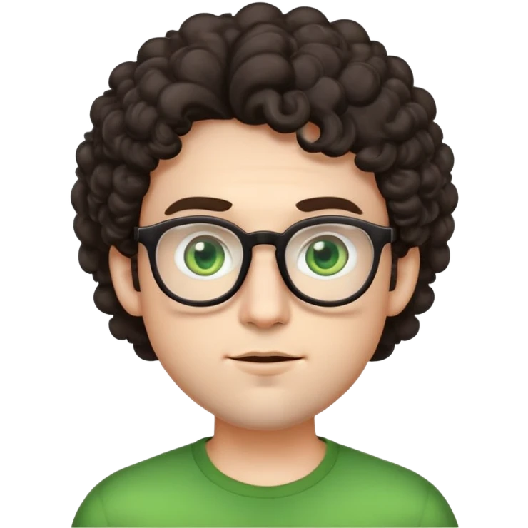 young male emoji with wide face, fuller lips, very poofy voluminous dark slightly curly hair, big ears, pale skin, glasses, green eyes set wider apart, very light stubble emoji