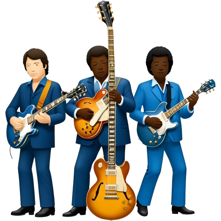 Icon for Blues Music: close-up collage of legendary blues artists. Gary Moore, Eric Clapton, B.B. King and Joe Cocker. Represented by silhouettes or symbolic items like guitars, microphones, or music notes, reflecting the soulful energy of blues music. Transparent background. emoji