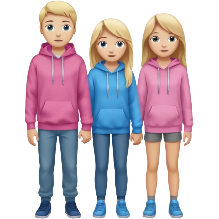 full-length couple, girl with long blonde hair and blue eyes in pink hoodie, boy with brown hair in gray hoodie emoji