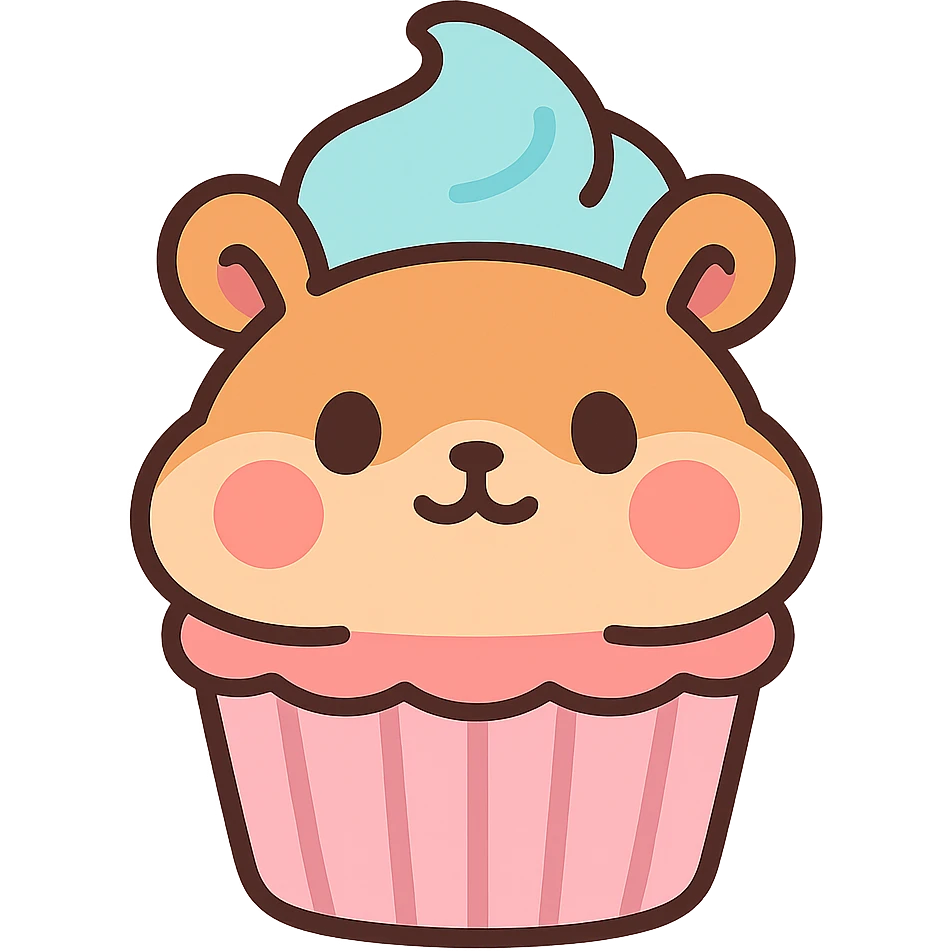 kawaii hamster cupcake with pastel cream topping, chubby face, animal looking front side, flat pastel style emoji
