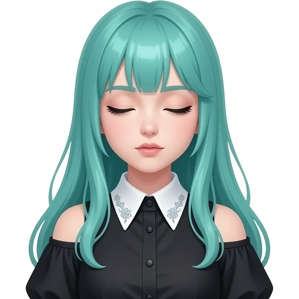 girl, sleepy, long flowing teal hair, grey eyes, black shoulder cyberpunk blouse with fancy white collar emoji