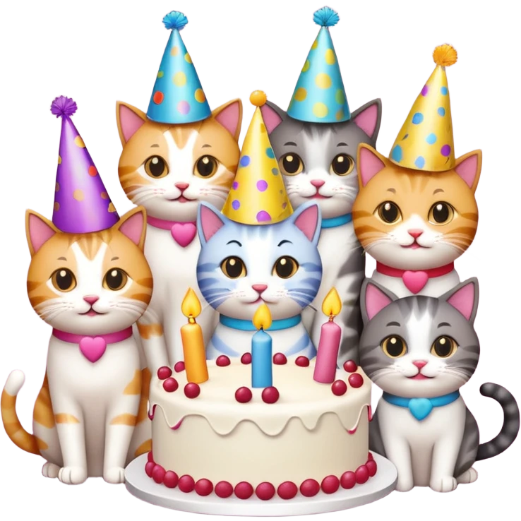 six cats celebrating a 40th birthday, party hats, cake with number 40, emoji style emoji