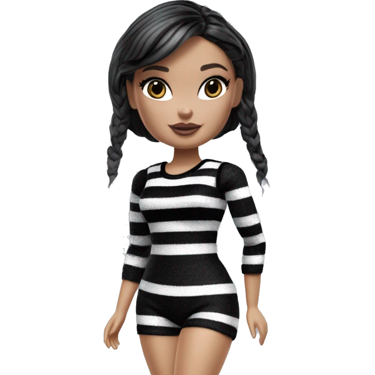Bouclé Beauty Lingerie Barbie, Wednesday Addams from academy, in dark-gray and black striped outfit. emoji