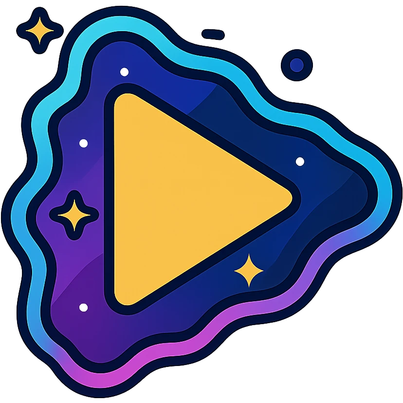 triángulo de reproducir con nebulosa púrpura y azul oscuro, estrellas brillantes, borde de neón cian o rosa, efecto animado de resplandor y movimiento galáctico emoji