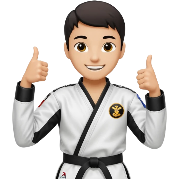 Perfecto pero el uniforme debe ser de taekwondo de ATA cinturón negro con un logo de mambo negra y realizando este gesto sonriendo 👍🏼 emoji