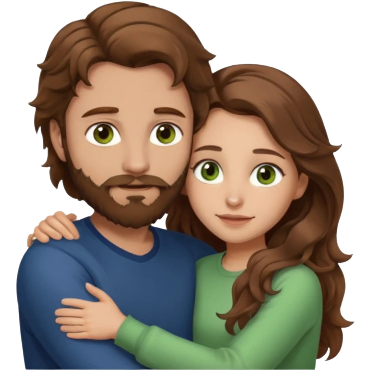 a man with  brown hair and brown beard with hazel eyes and a girl with long brown wavy hair with green eyes, togheter, with neutral clothes, hugged each other emoji