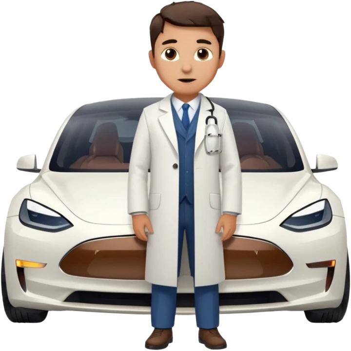 White tesla model 3 with a physician next to it emoji