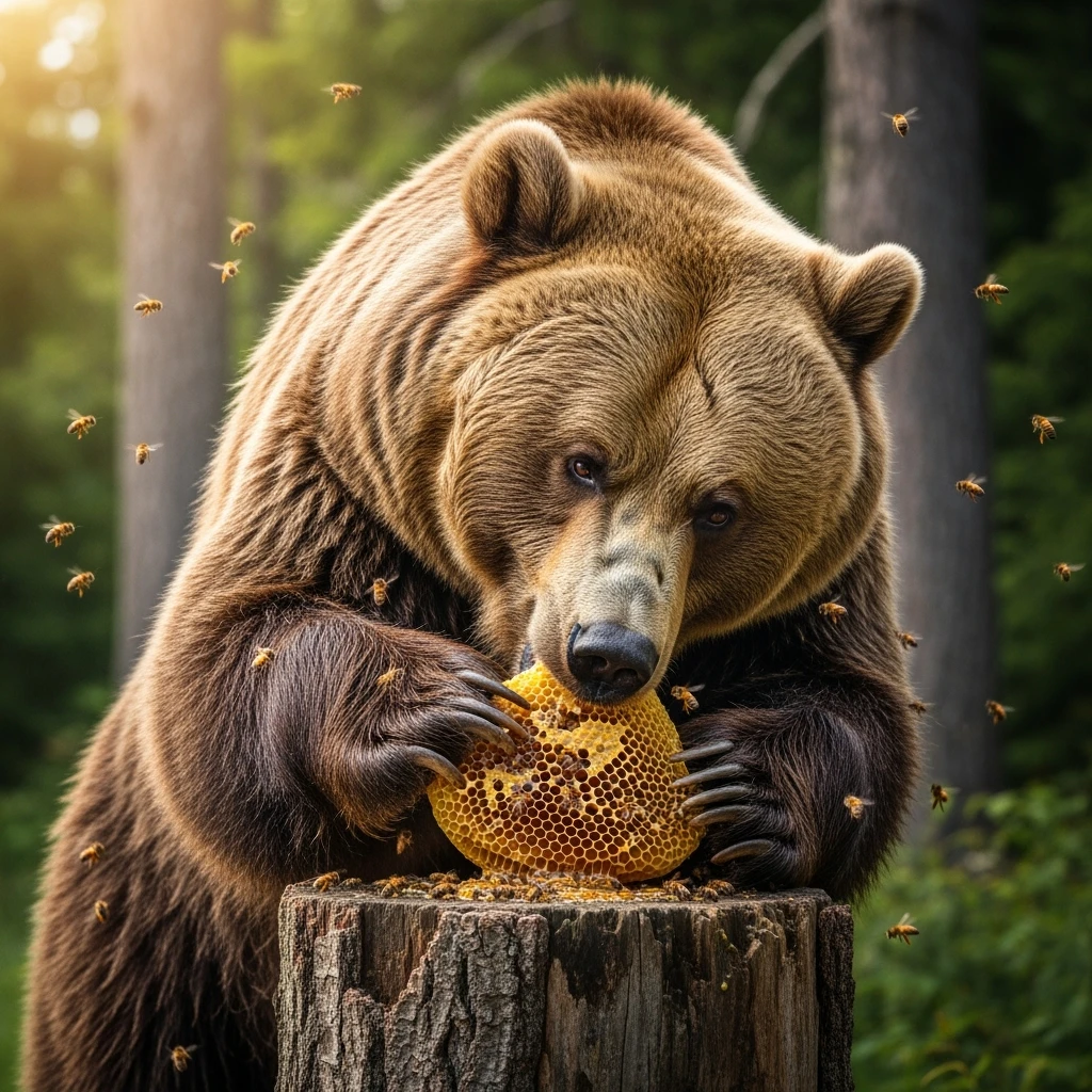 bear eating honeycomb with bees flying around emoji