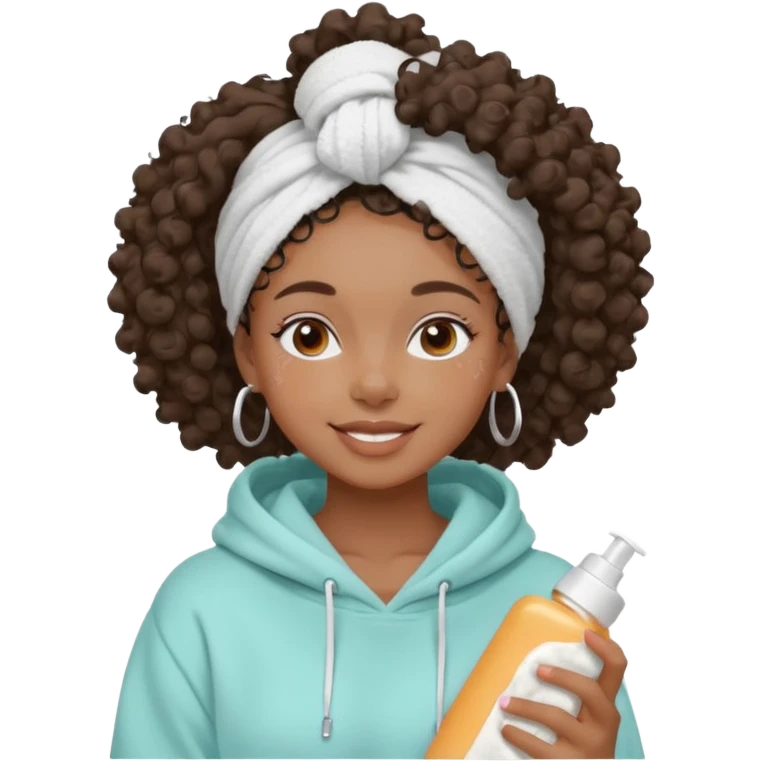 Black girl, clean girl aesthetic, 4C curly hair in a puff with a towel on her head, pastel hoodie, white sneakers, minimal jewelry, soft smile, cozy vibe, bright colors, Apple-style. Applying white clay mask on her face, enjoying her skincare routine. emoji