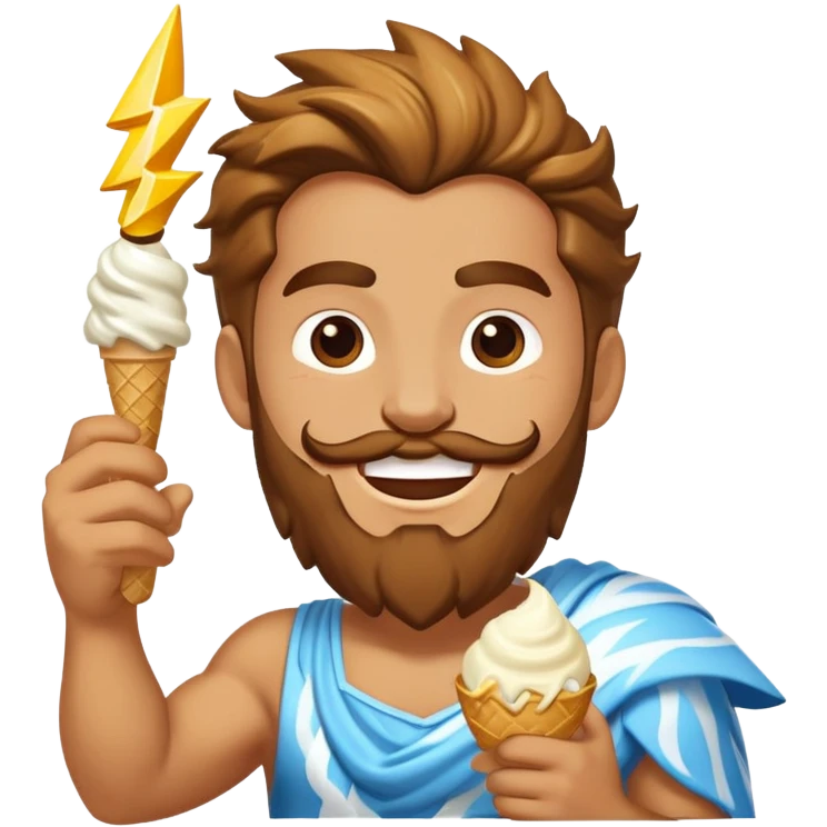 Zeus in vest smiling eating white ice cream holding lightning bolt emoji