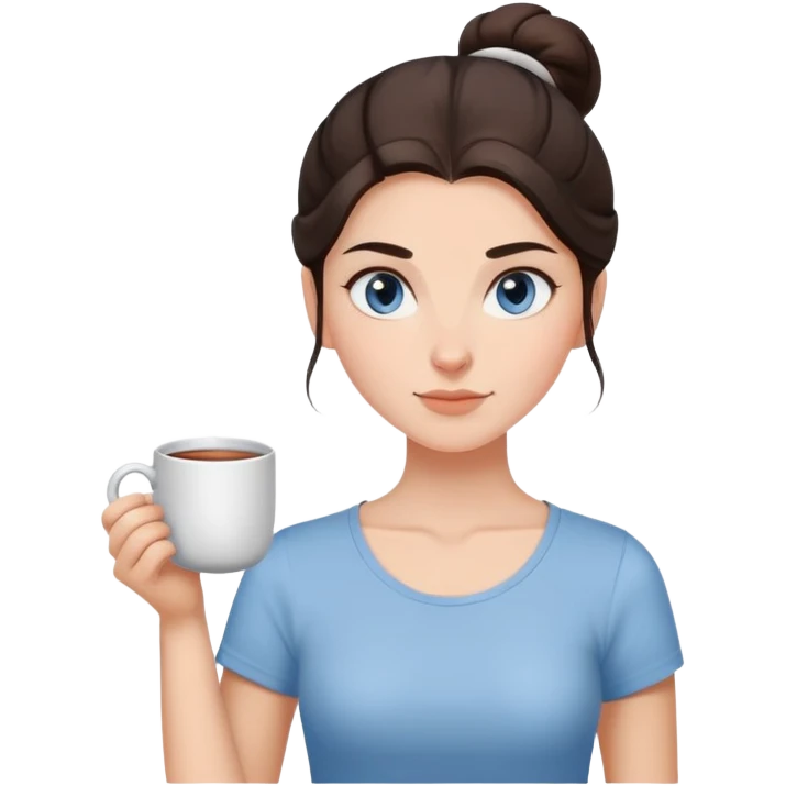 With her dark brown hair pulled back in a bun, and captivating grey-blue eyes, the girl holds a mug of tea, the steam rising like a gentle promise of warmth, clad in a simple white t-shirt.  emoji