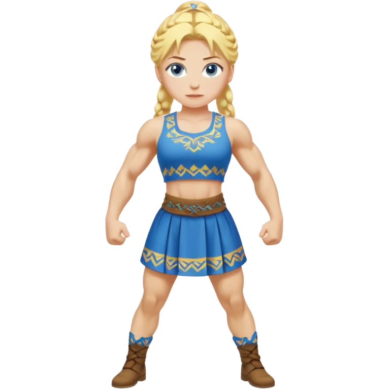 slavic girl, medium size yellow hair, flexing muscles, full body, muscled, with traditional slavic outfit, blue eyes emoji