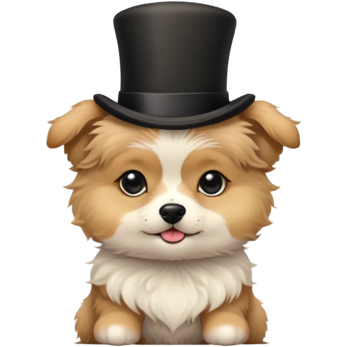 cute small dog with plain light tan fur, black nose, black round eyes, curly fluffy medium length hair, wearing a top hat emoji