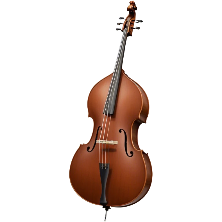 Create an elegant and detailed emoji representing a Gliga Gama double bass with bow. The design should showcase the large, sleek body of the double bass with its rich wood finish, including the characteristic curves and deep tone holes. The bow should be elegantly positioned next to the instrument, highlighting the hair and smooth wooden stick. Use warm wood tones like chestnut brown for the body of the bass, silver accents for the fittings, and dark brown for the bow. Add subtle musical notes or sound waves flowing from the bass to represent its deep, resonant sound. The background should be transparent. emoji