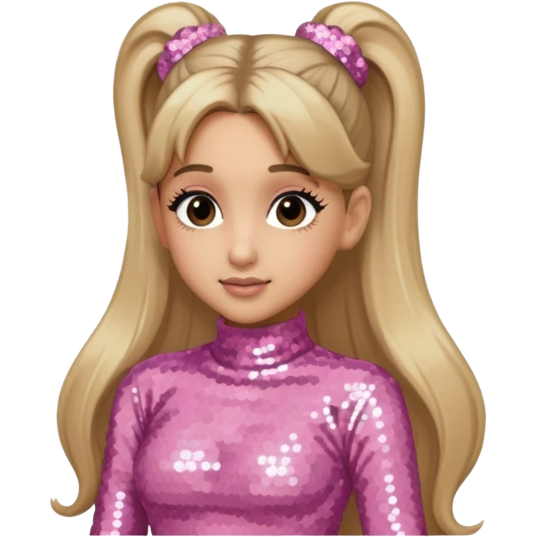 Ariana Grande with long dark blonde ponytail hair, light pink sequin outfit emoji