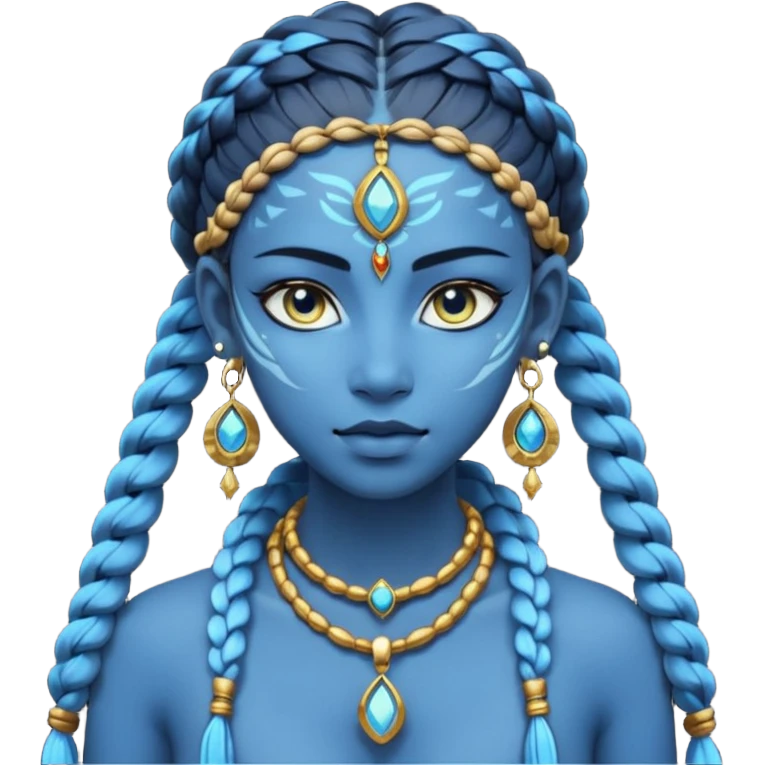 Illustrate a Pandora-style female avatar with radiant blue skin, intricate facial markings, twin braids flowing down, and deep luminous eyes. She wears golden earrings and a tribal rope necklace with a gem, her calm yet powerful gaze reflecting the spirit of the Na’vi. emoji