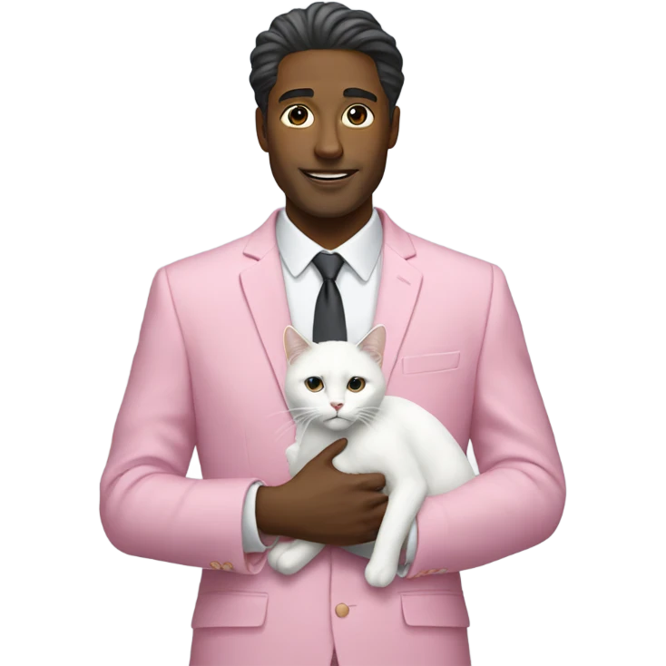 Man in pink suit holding white cat emoji